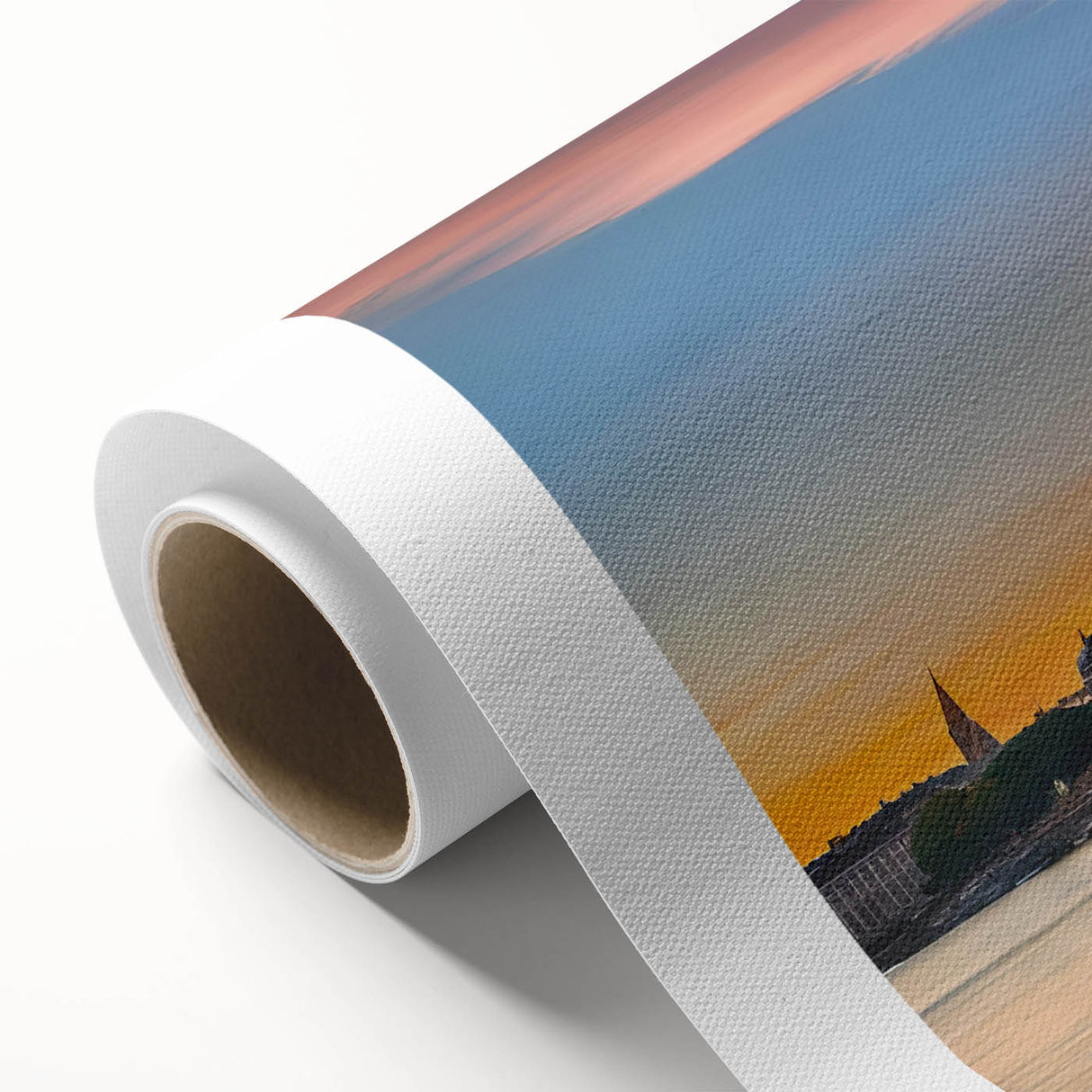 Art Deco poster of a European cityscape in pastel hues on rolled canvas, suitable for nursery wall art or dining room decor.