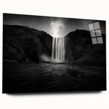 Large abstract depiction of Iceland's scenery in muted blue and green hues on acrylic glass.