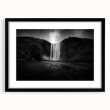 Extra large abstract art print of a colorful, textured Icelandic scenery on a black framed canvas.