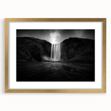 Abstract art print of a European Iceland scenery in muted blue and gray tones, framed in gold, ideal for dining room decor.