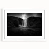 Textured art of abstract Icelandic scenery in muted blues and greens on a framed print, suitable for bedroom decor.