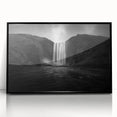 Large abstract wall art depicting a scenic Icelandic landscape in muted blue and green tones, framed in black acrylic.