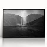 Large abstract wall art depicting a scenic Icelandic landscape in muted blue and green tones, framed in black acrylic.
