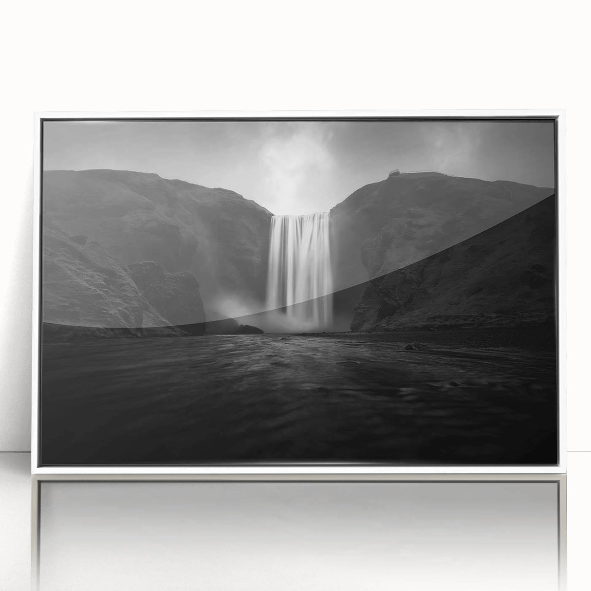 Mid-century modernist art of an Icelandic landscape in muted earth tones on a framed acrylic, ideal for nursery wall decor.