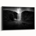 Black and white framed canvas featuring a vintage-style Icelandic landscape, ideal for bedroom wall decor.