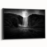 Black and white framed canvas featuring a vintage-style Icelandic landscape, ideal for bedroom wall decor.