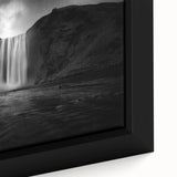 Black wall art featuring a textured Icelandic landscape on framed canvas, using colorful art tones.