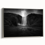 Framed canvas featuring a vintage-style landscape painting of Icelandic scenery, with muted earth tones and a black frame.