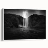 Vintage poster art of a scenic Icelandic landscape on a framed canvas, featuring vibrant hues of blue and green.