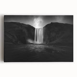 Icelandic landscape in black and white on stretched canvas, suitable for kitchen wall art or bedroom ambiance.
