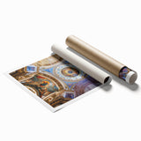 Rolled print of Rome scenery with floral accents in soft pastel shades, ideal for classy bathroom wall art.
