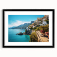 Extra large abstract art print of a colorful Sicilian landscape in a black frame, ideal for living room decor.