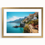 Abstract art print of a Sicilian landscape in muted earth tones, framed in gold, suitable for dining room decor.