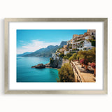 Extra large abstract art print of a Sicilian landscape, muted earth tones, framed in silver, ideal for living room decor.