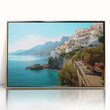 Art deco style poster of Sicilian landscape, featuring muted earth tones on a framed acrylic.