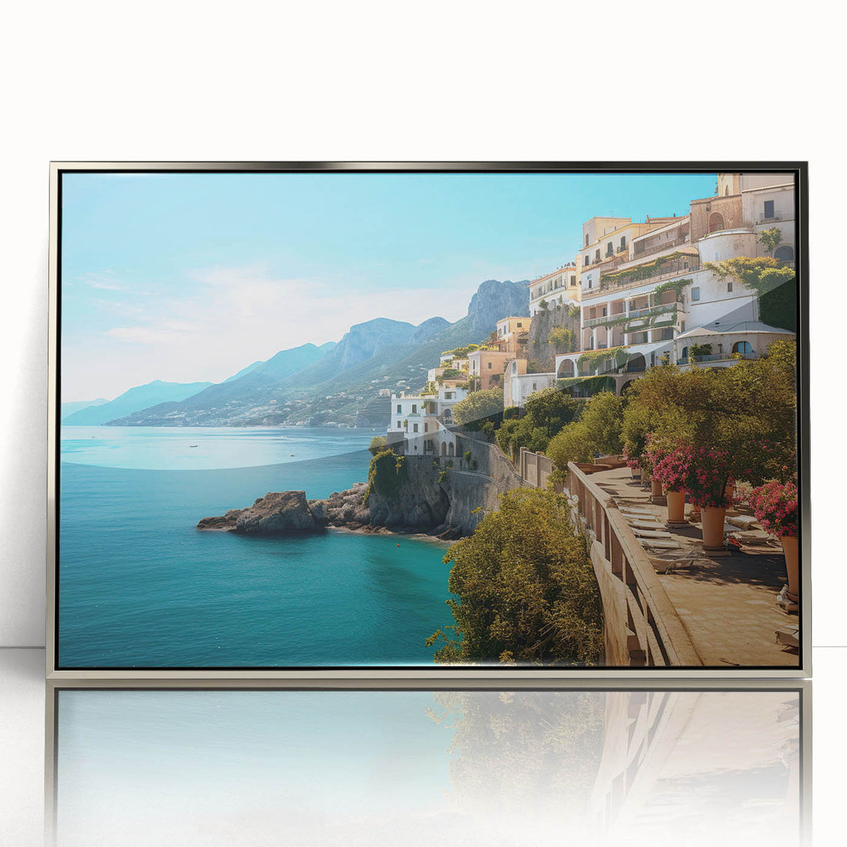 Large art print of a Sicilian landscape in mid-century modernist style, acrylic on silver frame.