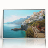 Mid-century modernist art depicting a Sicilian landscape in muted earth tones, framed acrylic.