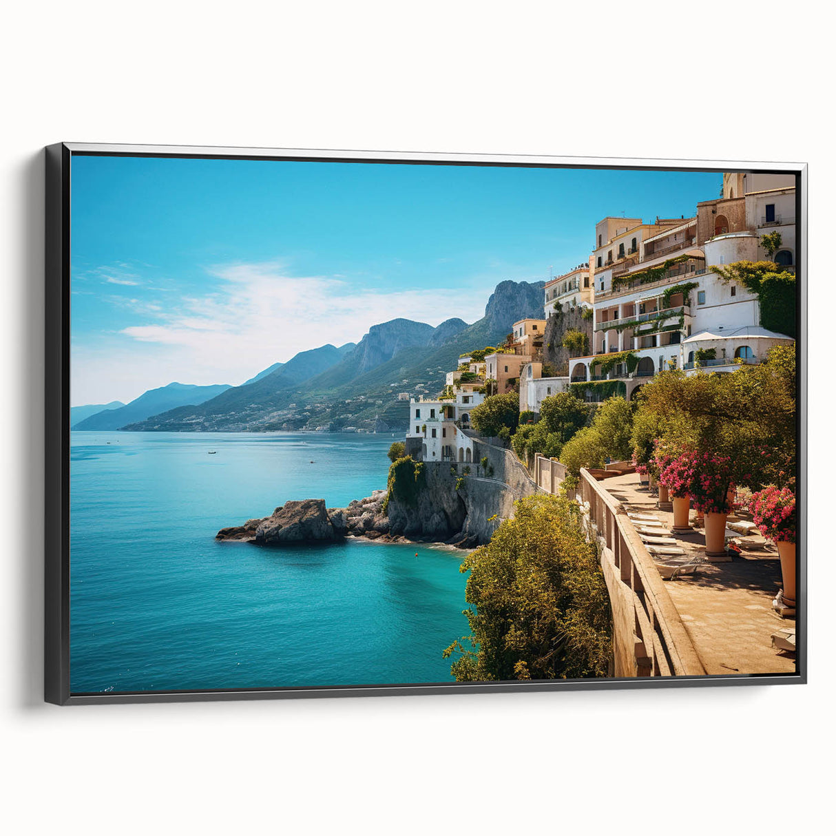 Black and white framed canvas depicting a vintage Sicilian landscape, ideal for bedroom wall art.