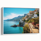 Vintage poster art of a Sicilian landscape, with vibrant colors on extra large framed canvas, ideal for living room decor.