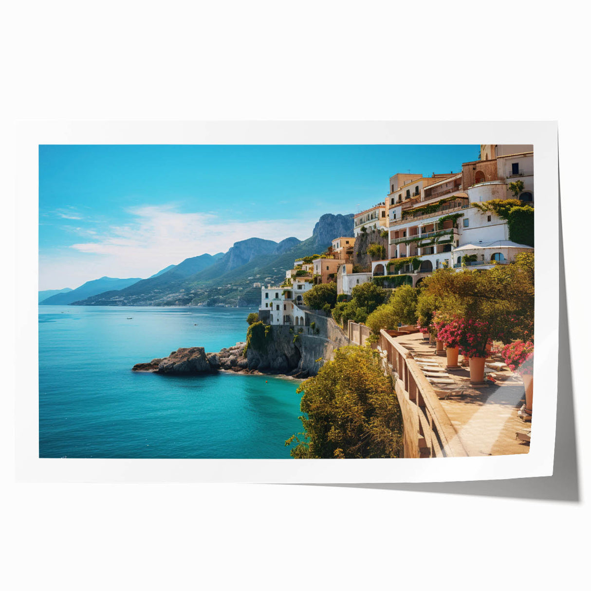 Rolled print of a Sicilian landscape featuring vibrant green and blue tones, ideal for art wall dining room.