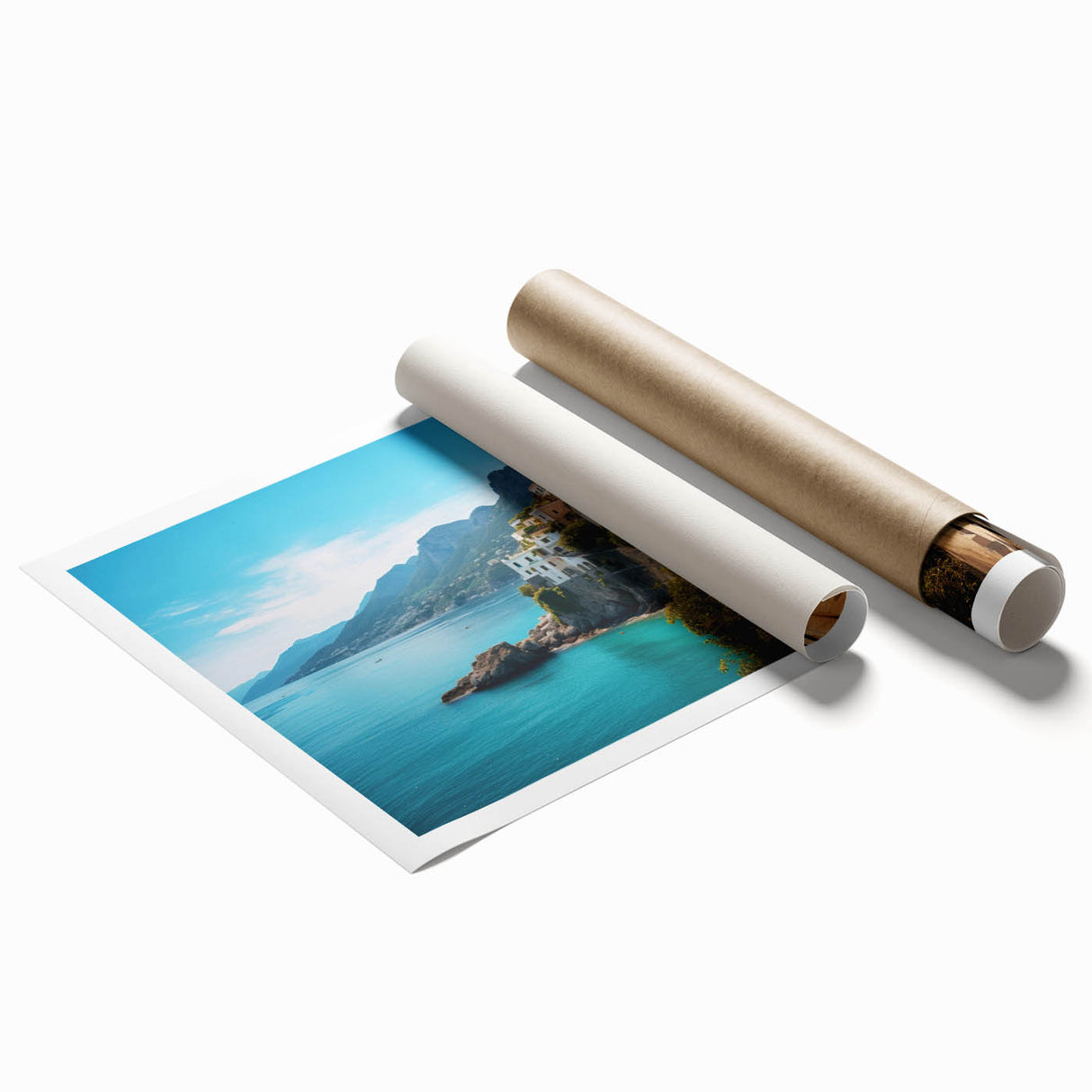 Extra large rolled print of Sicilian scenery with vibrant floral elements, ideal for classy bathroom wall art.