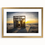 Abstract art print of a European landscape in muted earth tones, framed in gold, suitable for dining room or bedroom decor.