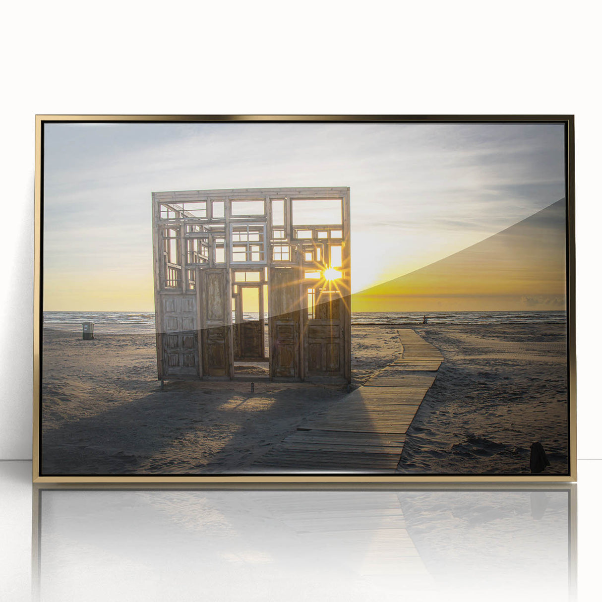 Art Deco poster of a European scenery in Latvia, featuring muted gold and blue tones on framed acrylic.