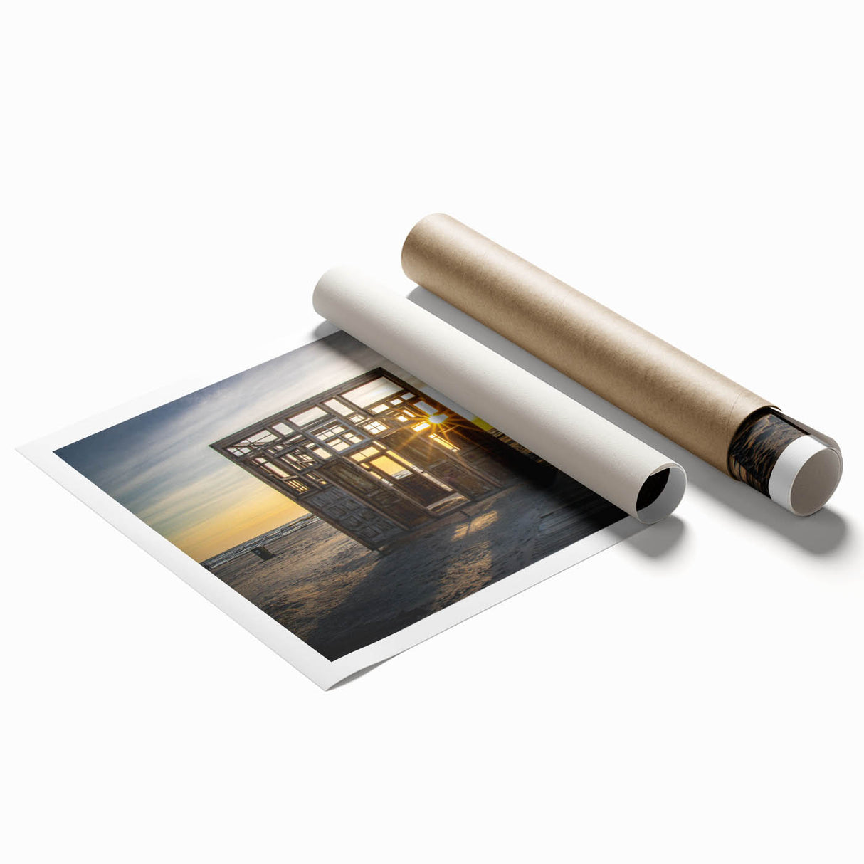 Extra large rolled print of a European scenery with floral elements in soft pastel shades.