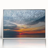 Mid-century modernist art depicting a serene Lithuanian landscape, in soft pastel hues on a white framed acrylic.