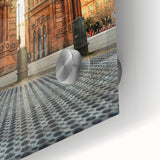 Mid-century modernist abstract depiction of Barcelona, in muted brown and orange tones on acrylic glass.