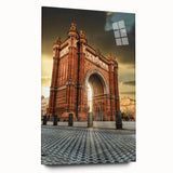 Large abstract wall art of Barcelona skyline in muted gray and blue tones on acrylic glass.