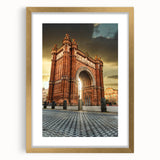 Abstract art print of Barcelona skyline in muted gold and blue tones on a framed canvas, suitable for dining room decor.