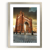 Extra large wall art featuring an abstract textured depiction of Barcelona in muted earth tones, framed in silver.