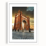 Textured abstract art print of Barcelona scenery in muted earth tones on a framed white mat, ideal for bedroom art.