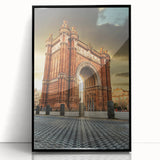 Large abstract wall art depicting a colorful Barcelona skyline on framed acrylic, ideal for modern living room decor.