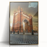 Acrylic print of Barcelona scenery in art deco style, featuring muted gold and blue tones.