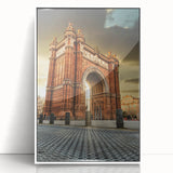 Mid-century modernist art featuring a Barcelona cityscape in muted pastel shades on a framed acrylic print.