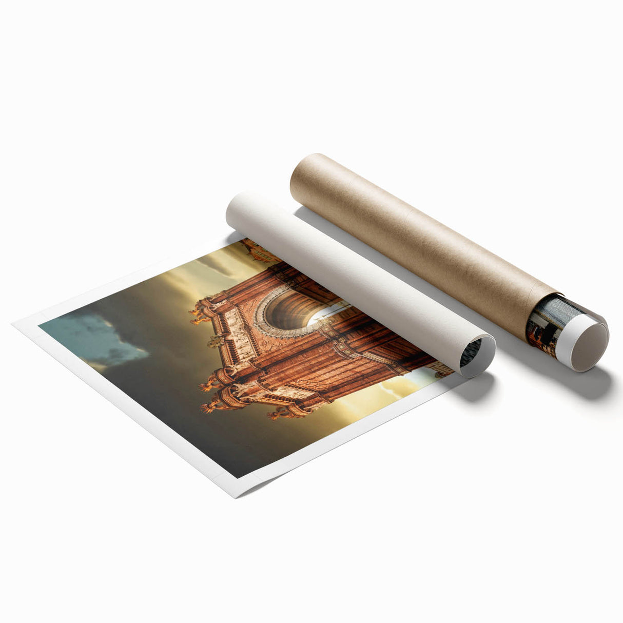 Rolled canvas print of Barcelona scenery with floral motifs in soft pastel shades, ideal for classy bathroom wall art.