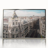 Mid-century modernist art of Madrid skyline in muted gray, framed acrylic, ideal for modern art wall decor.