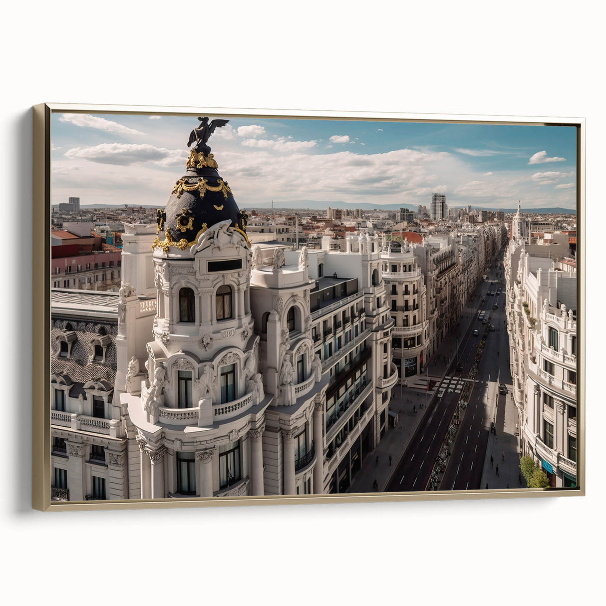 Framed canvas featuring a vintage-style Madrid cityscape in muted gold and black tones, suitable for bedroom wall art.