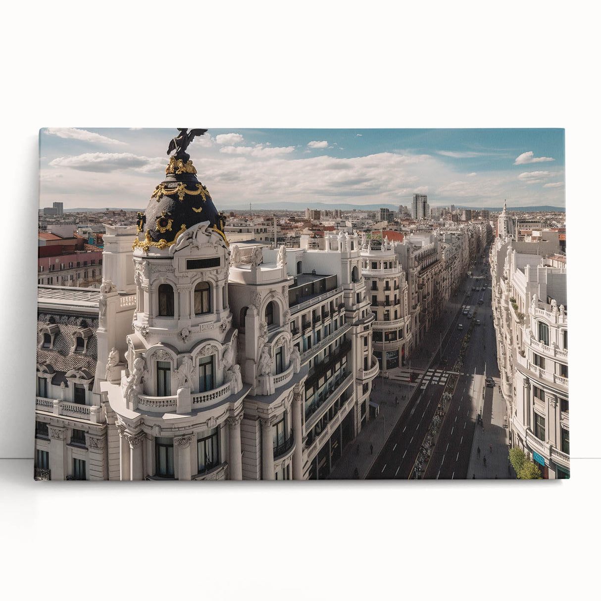 Black and white photo of Madrid cityscape on stretched canvas, ideal for kitchen wall art or bedroom ambiance.