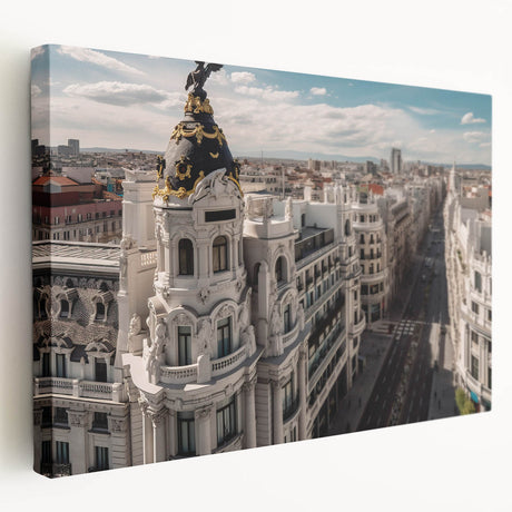 Large canvas print of Madrid cityscape in muted earth tones, suitable for kitchen wall art.