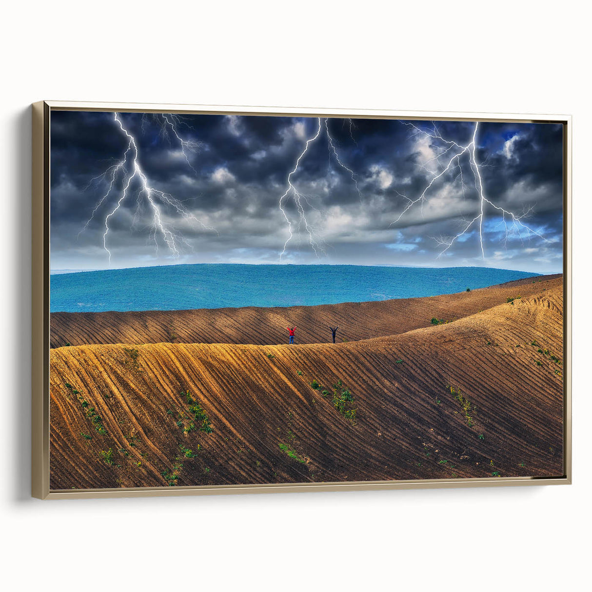 Framed canvas of a vintage-style Ukrainian landscape in black and gold tones, ideal for bedroom wall art.