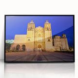 Large abstract wall art depicting a vibrant Oaxaca scenery in mid-century modernist style, framed in black acrylic.