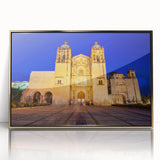 Large art print of Oaxaca, Mexico scenery in mid-century modernist style, featuring golden hues on a framed acrylic.