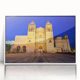 Acrylic print of a modern art depiction of Oaxaca scenery, framed in white, featuring art deco style.