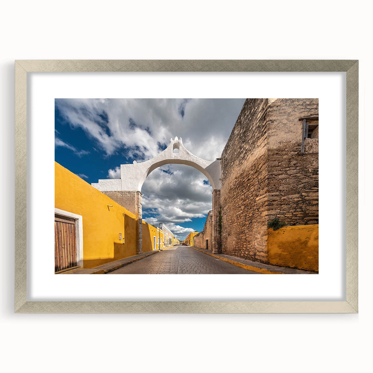 Textured abstract art print of Yucatan scenery in muted earth tones on a framed canvas, ideal for bedroom art.