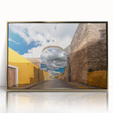 Framed acrylic print of a Yucatán scenery in mid-century modernist style with gold and green tones.