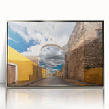 Mid-century modernist art of Yucatan scenery in silver framed acrylic, featuring vibrant green and blue tones.