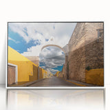 Acrylic print of a Yucatan scenery in art deco style with vibrant colors, framed in white.